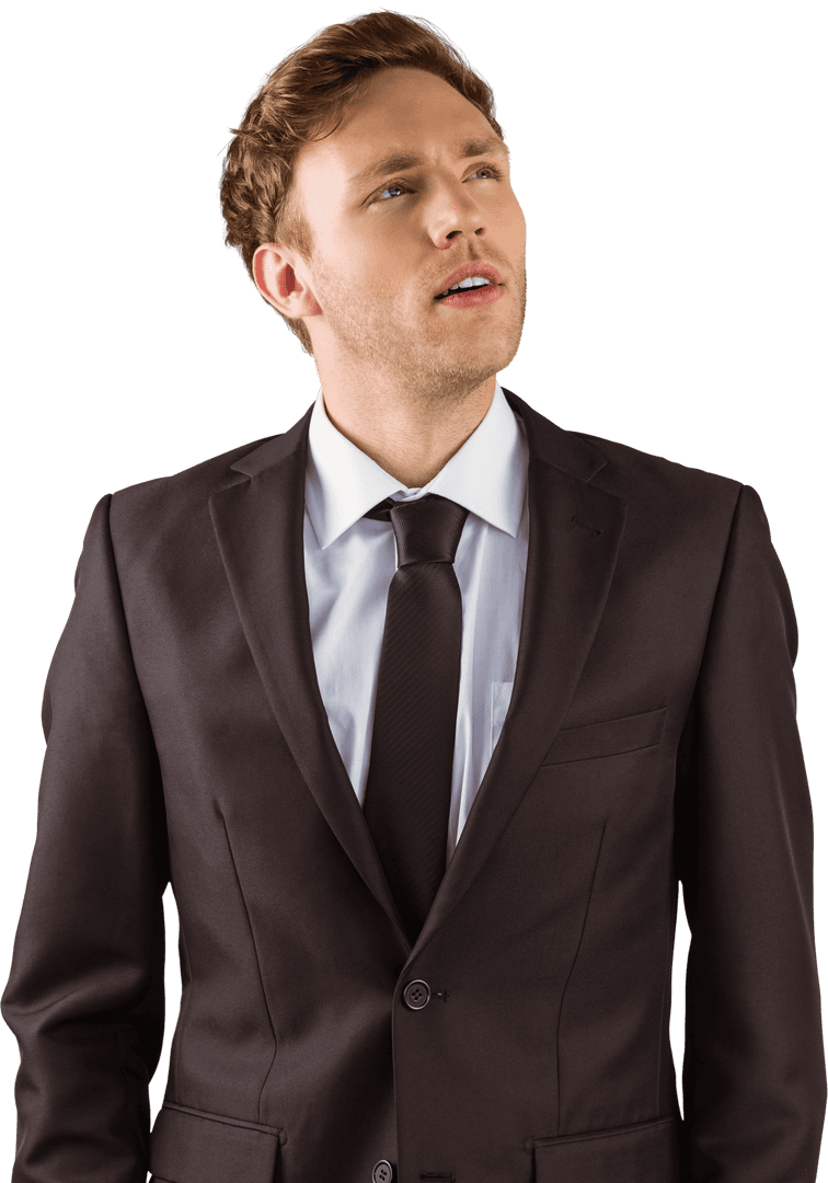 Reflective Young Businessman Looking Up in Transparent Background