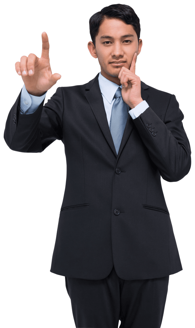 Confident Asian Businessman Signaling Idea on Transparent Background