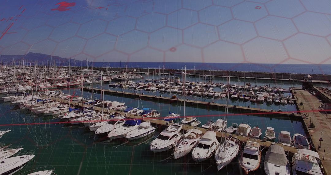Docked Pleasure Boats in Marina with Hexagonal Overlay