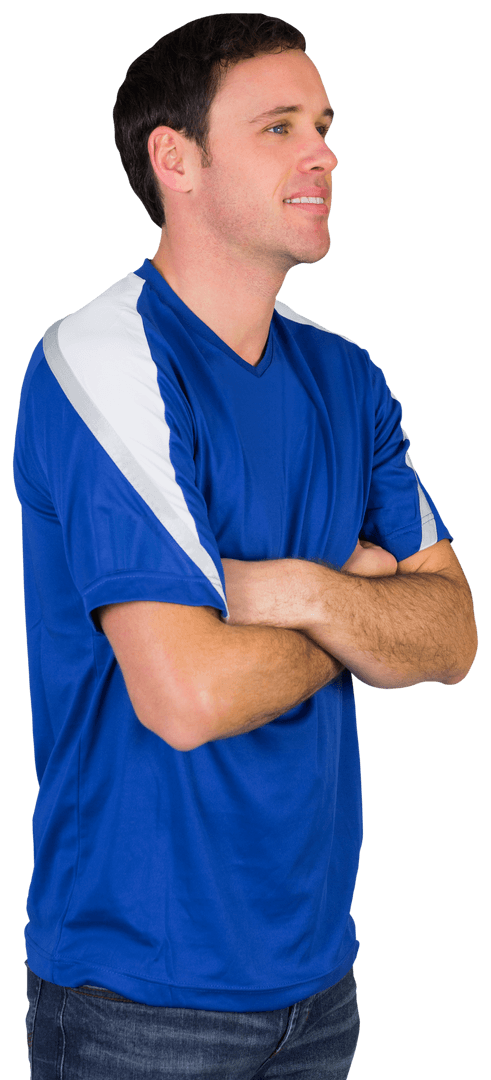 Smiling Man in Blue Jersey Posing on Transparent Background
