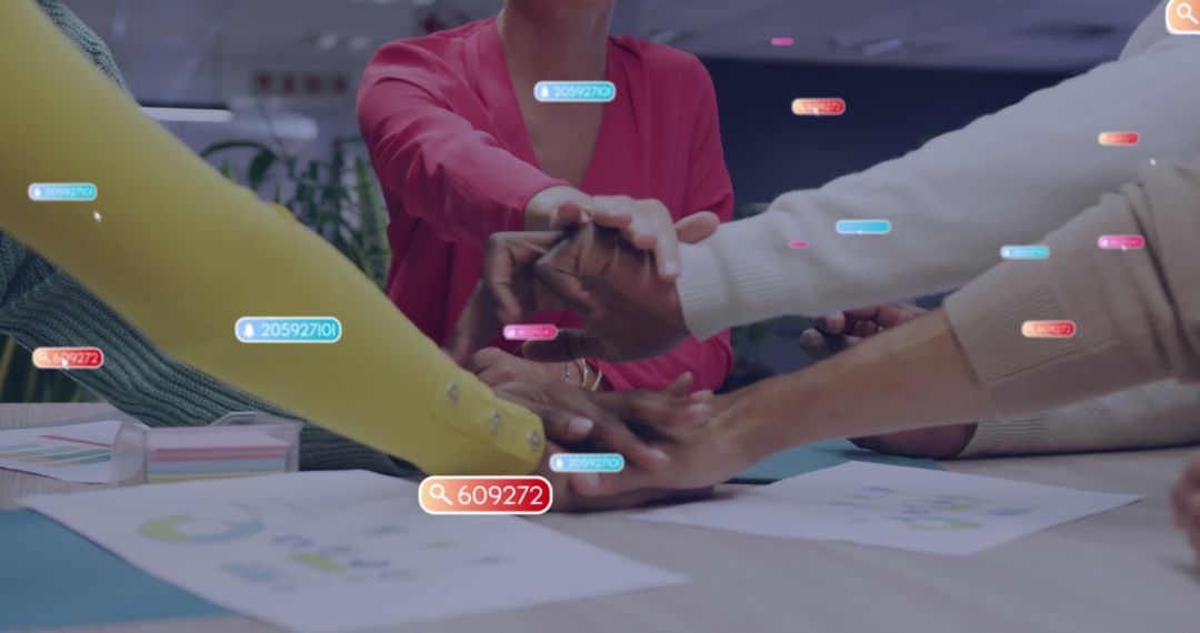Coworkers Uniting Hands with Digital Social Media Notifications