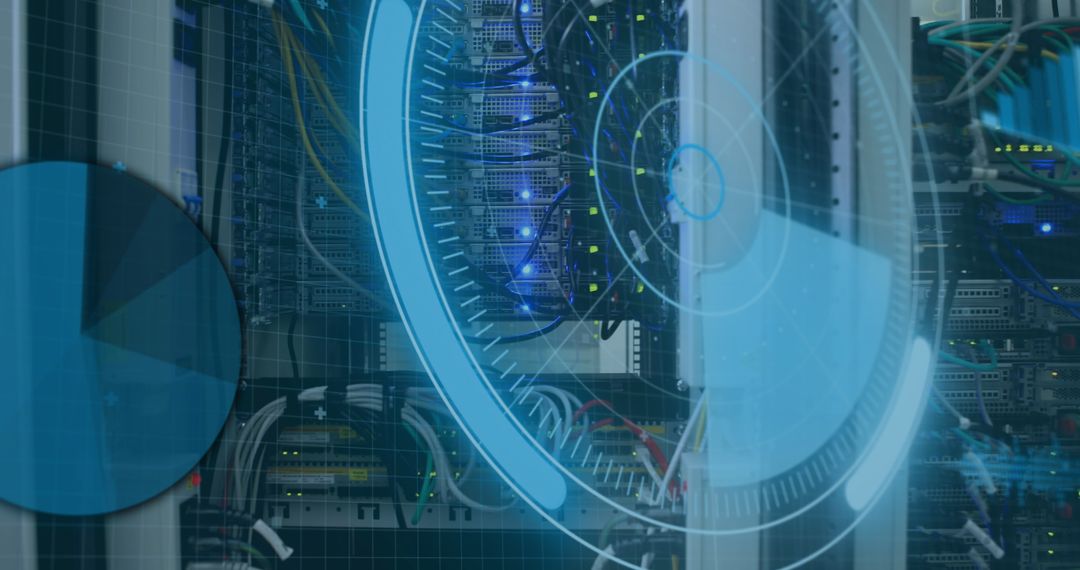 Futuristic Data Processing Display Overlay on Server Room