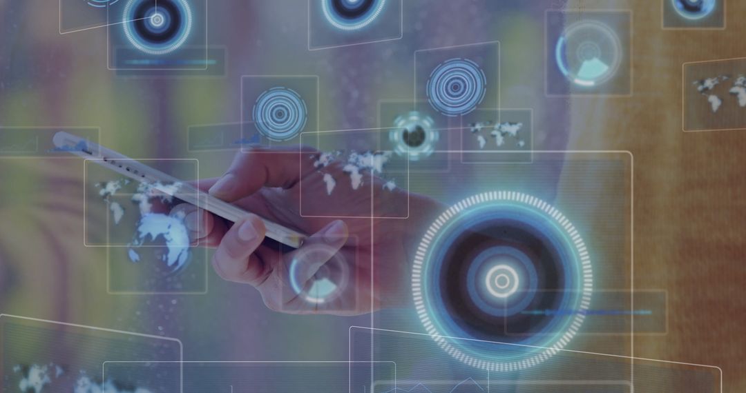 Hand Holding Smartphone with Futuristic Digital HUD Overlays