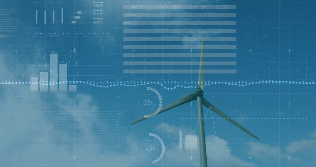 Wind Turbine with Digital Data Visualizations on Blue Sky Background