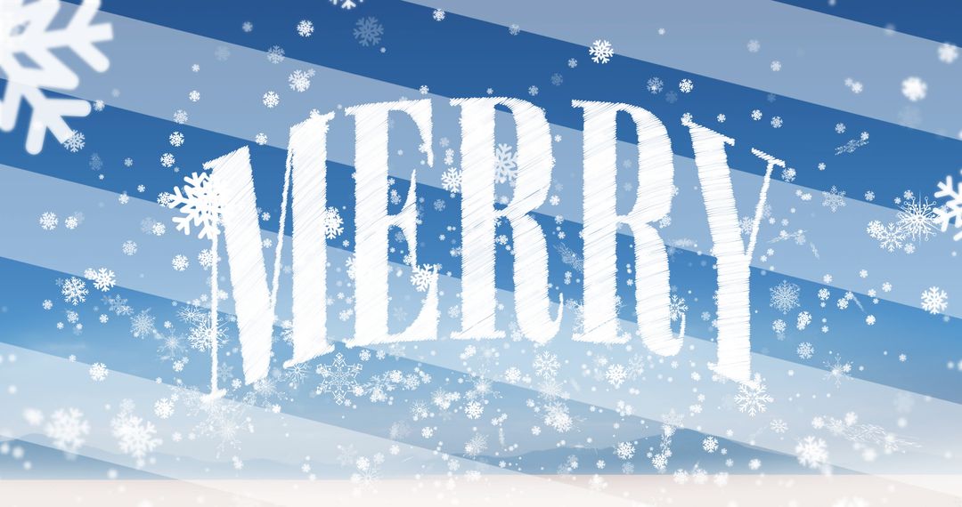 Festive Merry Text with Snowflakes on Blue Background