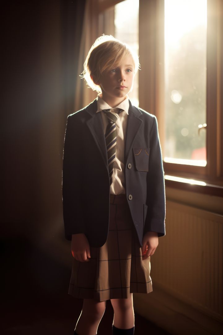 Portrait of caucasian schoolboy by window, created using generative ai technology - Free Images, Stock Photos and Pictures on Pikwizard.com