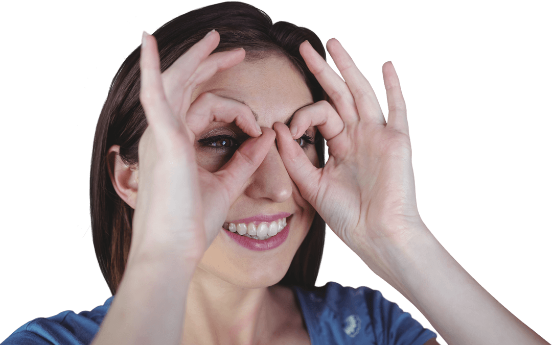 Smiling Woman Using Hands as Transparent Binoculars Gesture