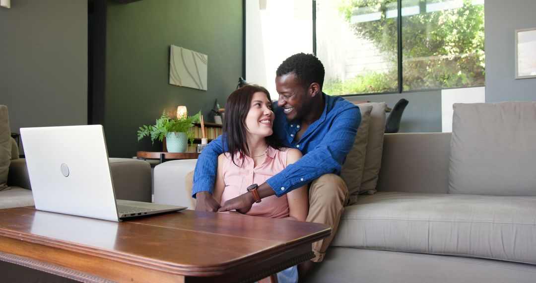 Happy Multiracial Couple Announcing Engagement via Video Call
