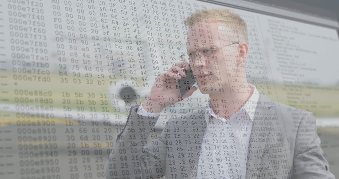 Businessman in Suit with Code Overlay Engaging Mobile Communication