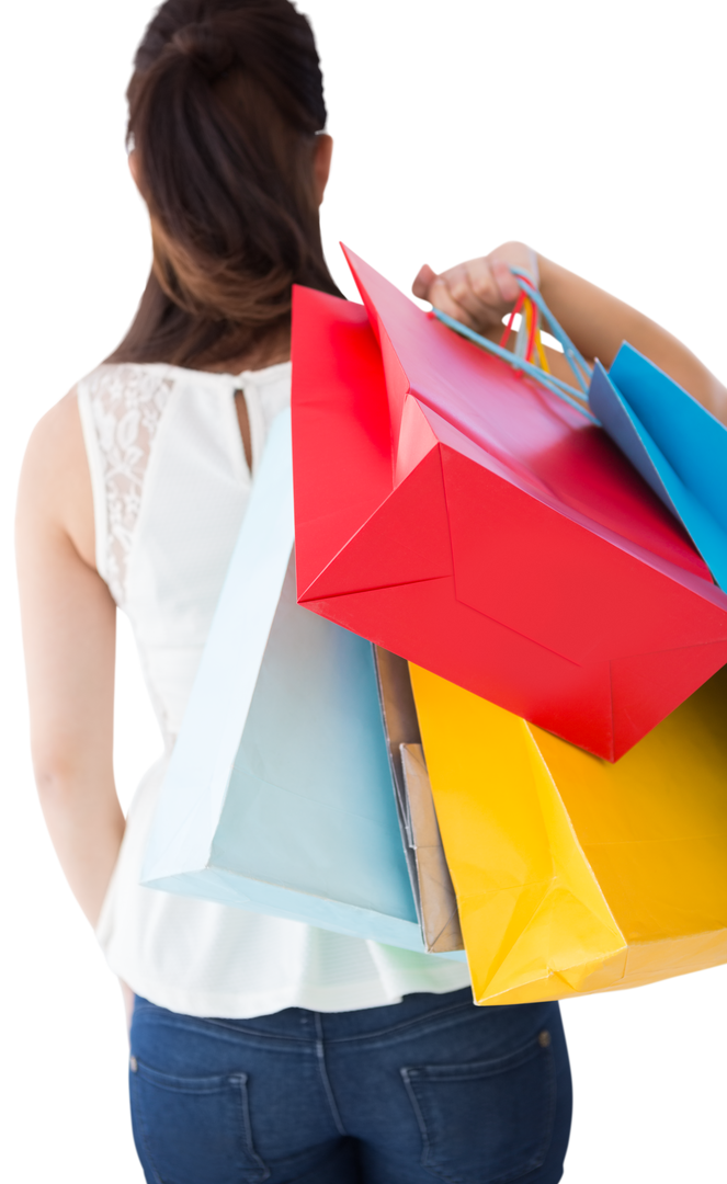 Transparent Rear View of Woman Holding Shopping Bags, Brown Hair up in Shirt and Jeans - Download Free Stock Images Pikwizard.com