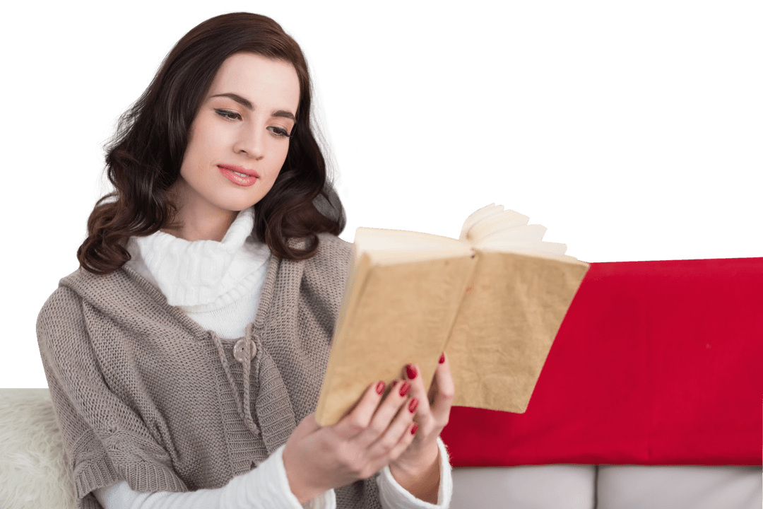 Transparent Image of Woman Reading Book with Christmas Decor
