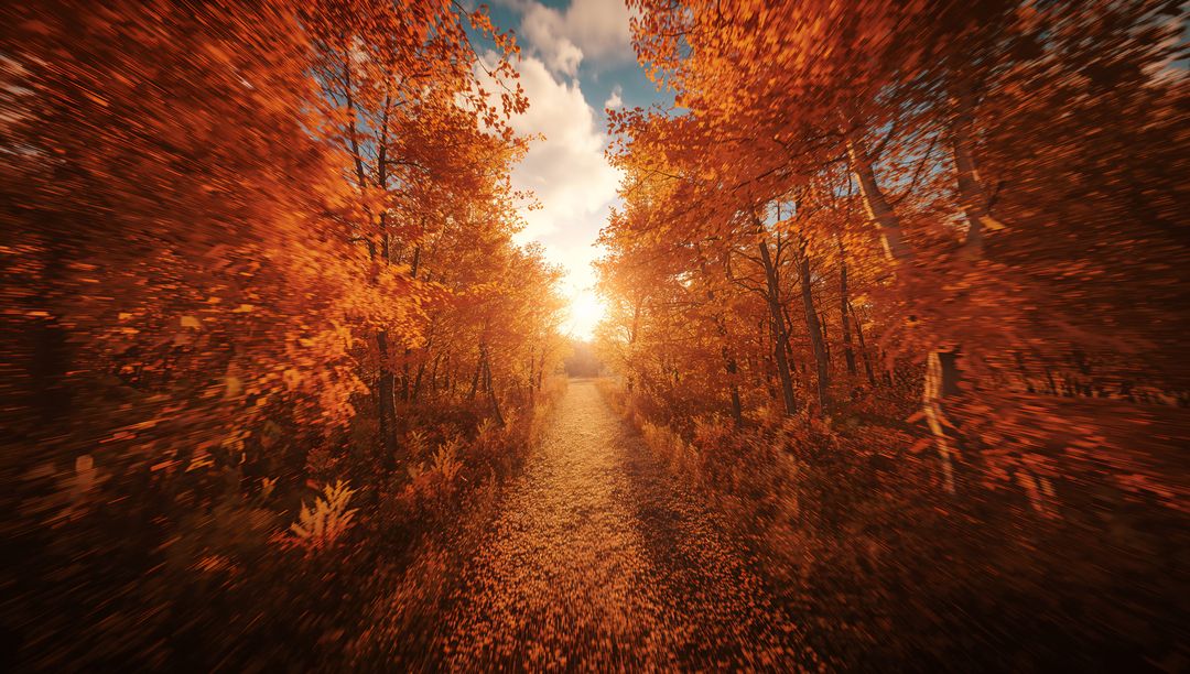 Golden Autumn Forest Path with Sunlight and Fallen Leaves