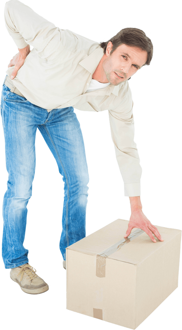 Transparent Delivery Guy Experiencing Back Pain while Lifting Box