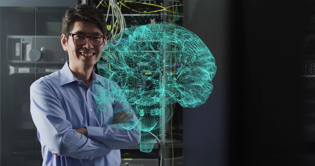 Technician Presenting Digital Brain Interface in High-Tech Server Room