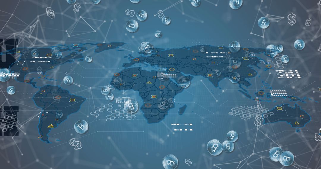 Digital Currency Network Over Global Map with Bitcoin Symbols