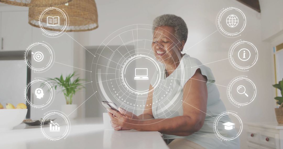 Senior Woman Embracing Technology with Networking Icons Around