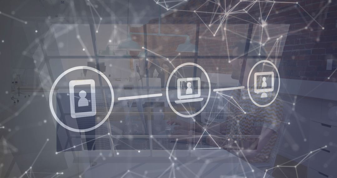 Global Networking Icons with Digital Interface in Modern Office