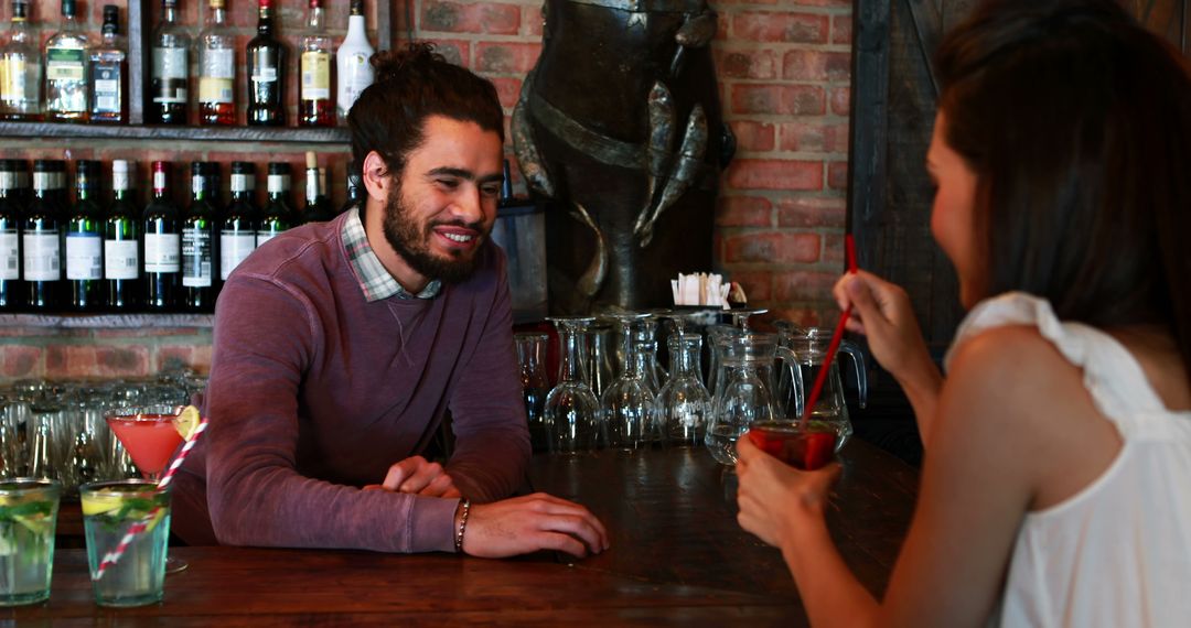 Bartender Engaging with Woman at Cozy Pub Bar Counter