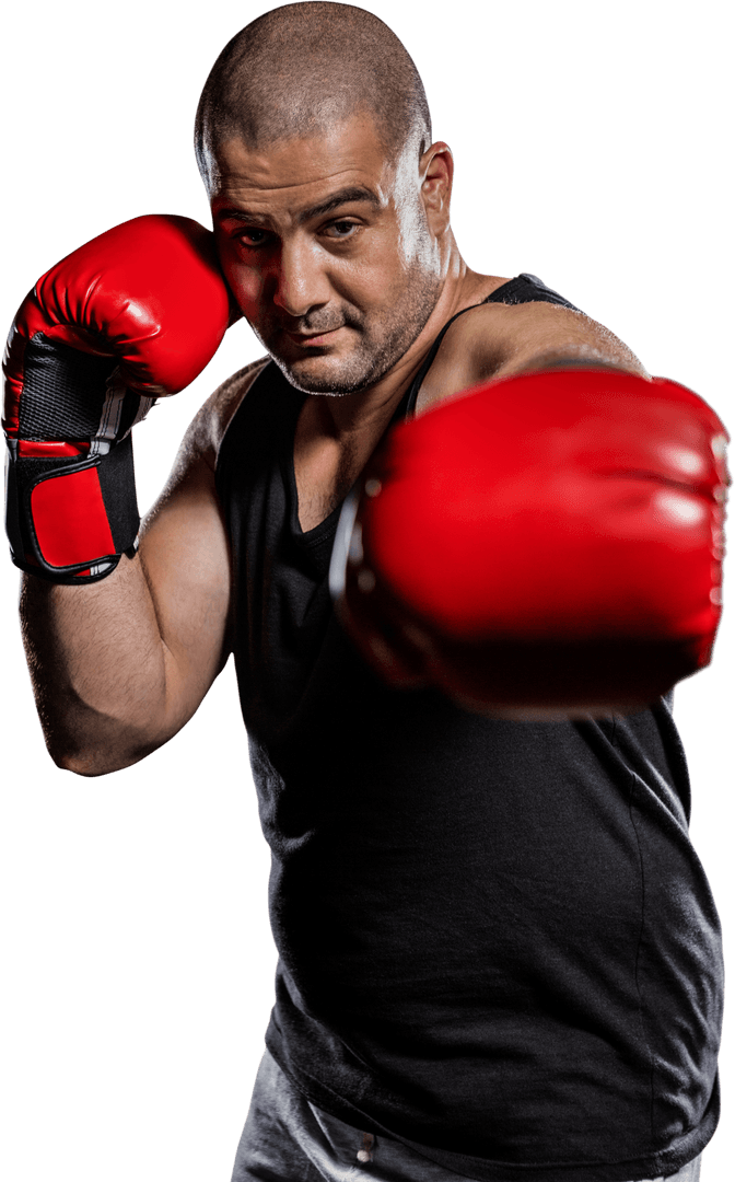 Athletic Boxer Holding Transparent Fighting Pose Red Gloves