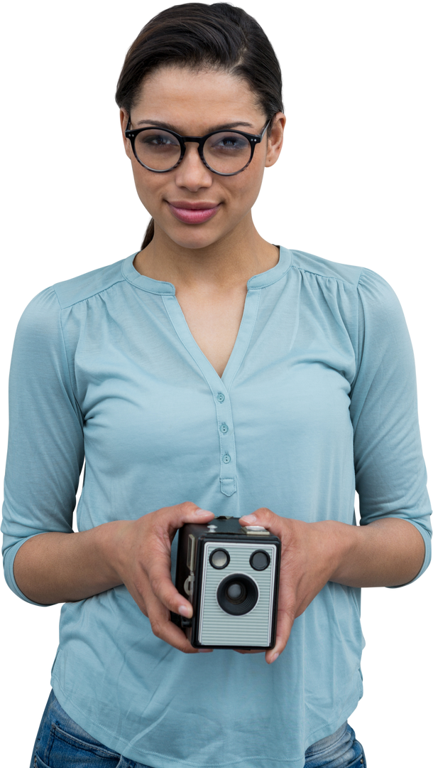 Transparent Portrait of Smiling Female Photographer Holding Vintage Camera - Download Free Stock Images Pikwizard.com