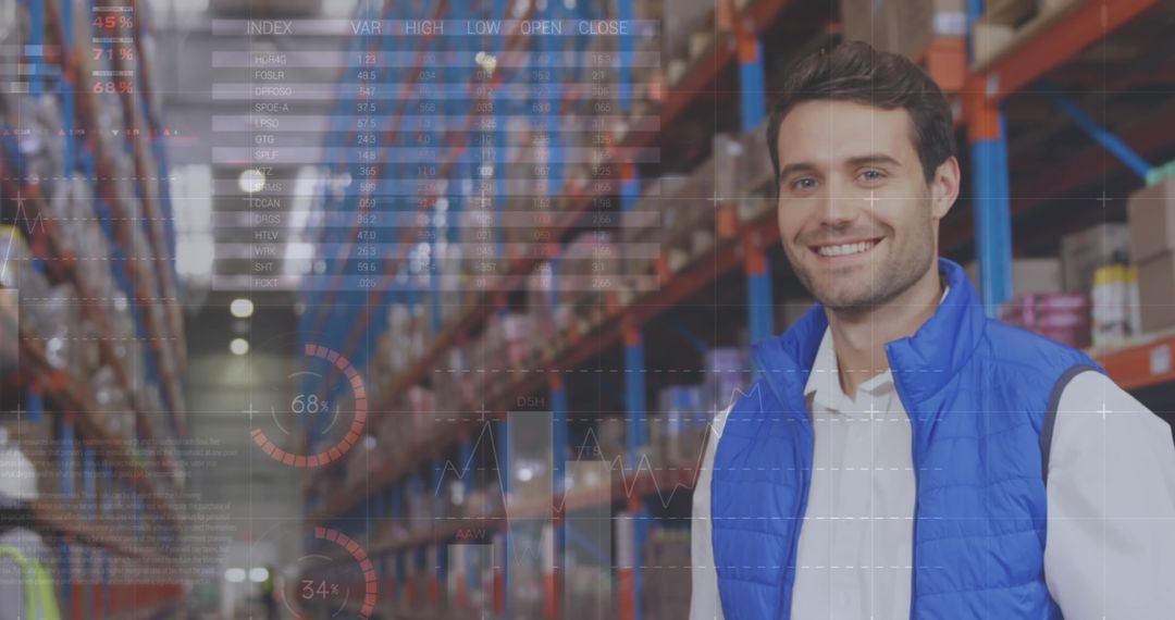 Warehouse Employee Analyzing Digital Data Overlay