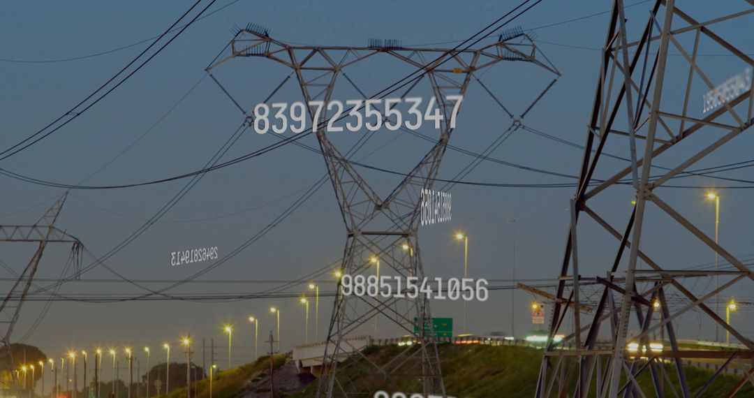 Digital Data Flow Over Electrical Pylons at Dusk