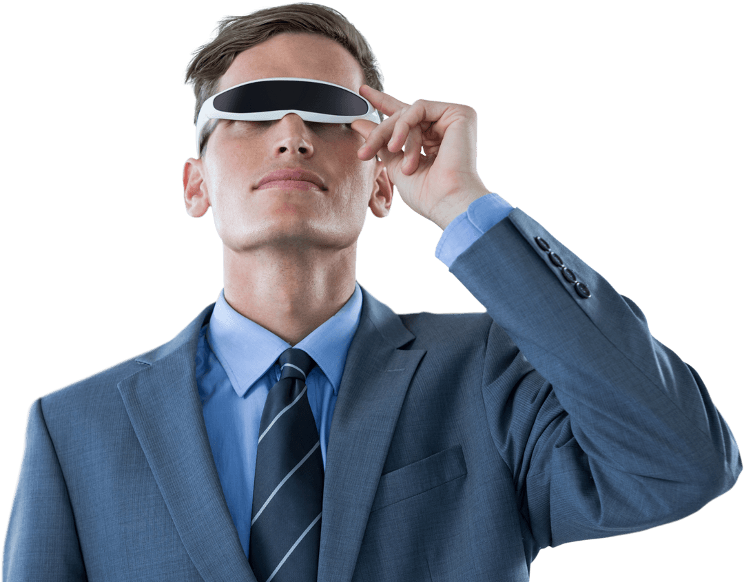 Transparent Businessman Engaging with Virtual Reality Glasses