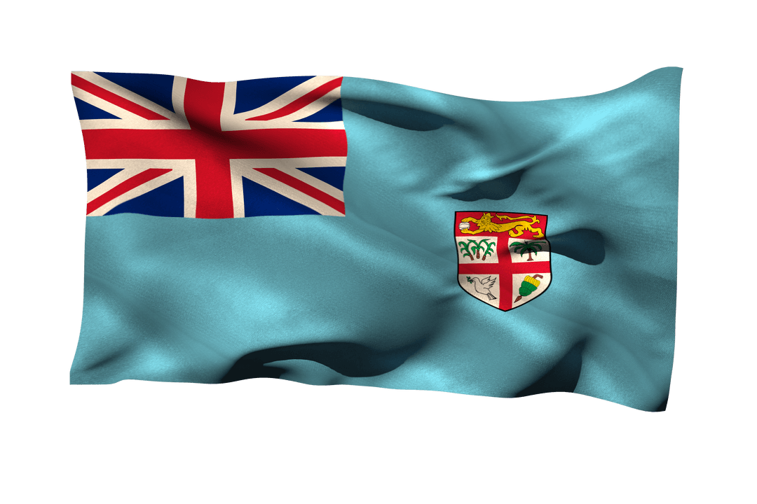 Transparent Waving Fiji Flag with Coat of Arms on Blue Background