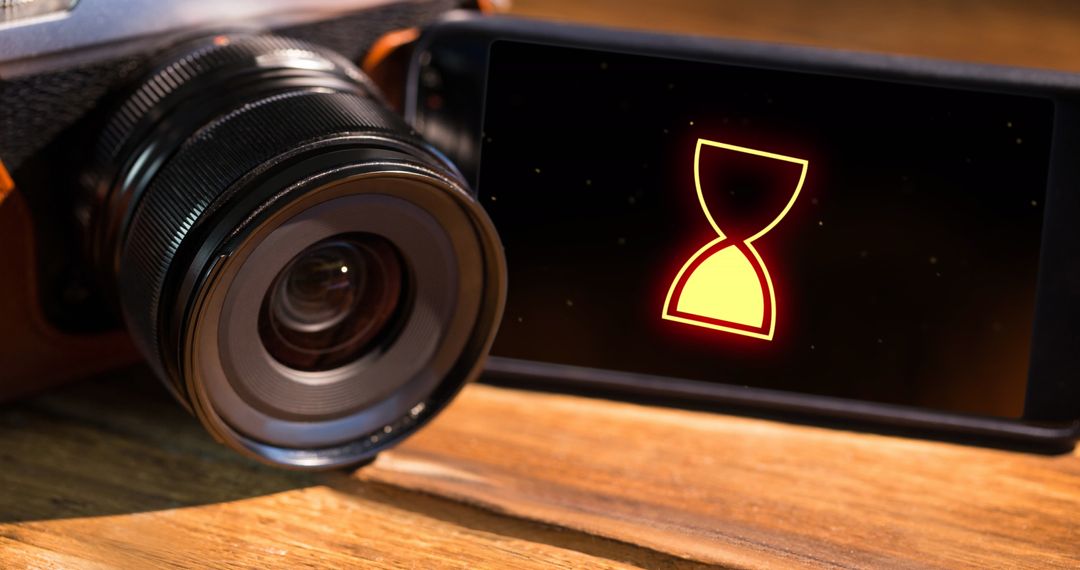 Hourglass Icon on Smartphone and Camera Lens Reflecting Data Processing