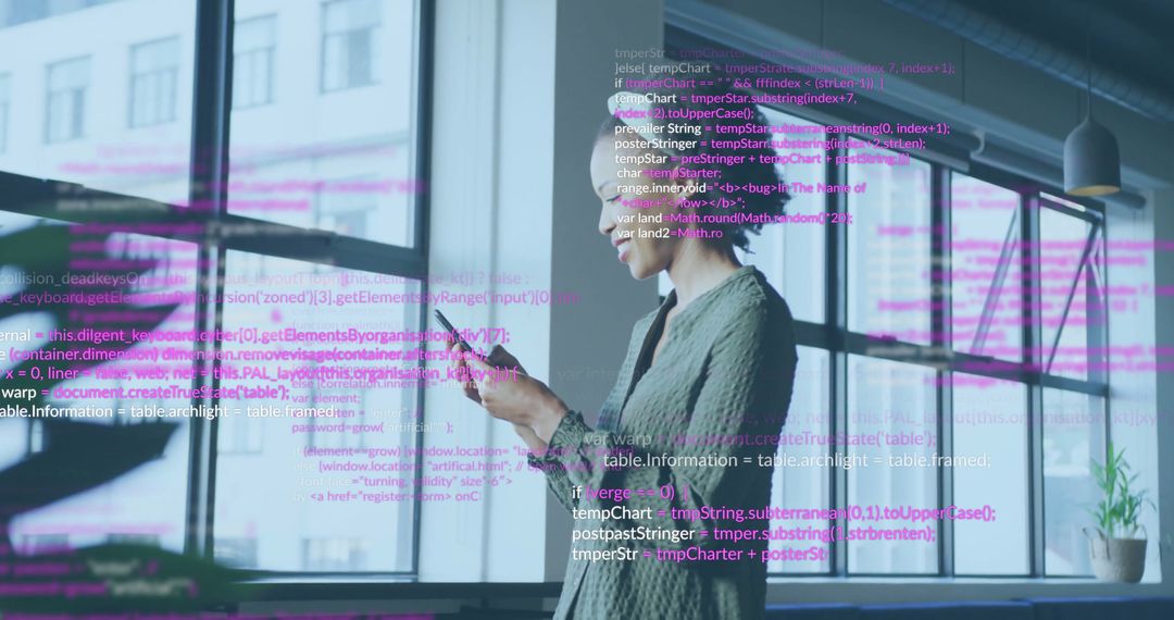 Digital Interface Over Biracial Woman Using Smartphone