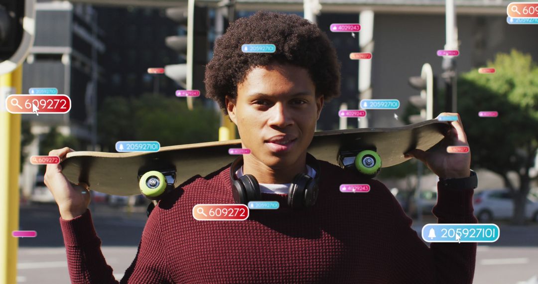 Young Man Carrying Skateboard Surrounded by Social Media Icons - Free Images, Stock Photos and Pictures on Pikwizard.com