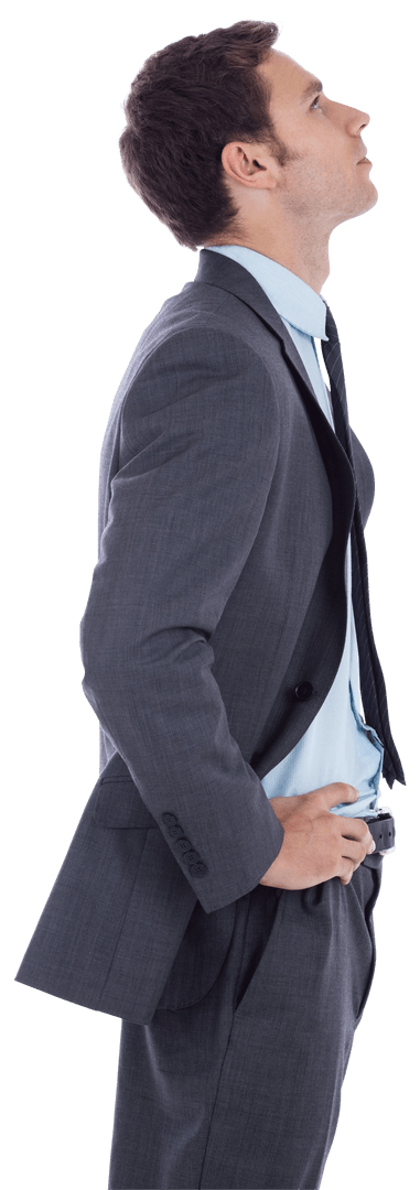 Transparent Businessman Gazing Up with Hands on Hips in Suit