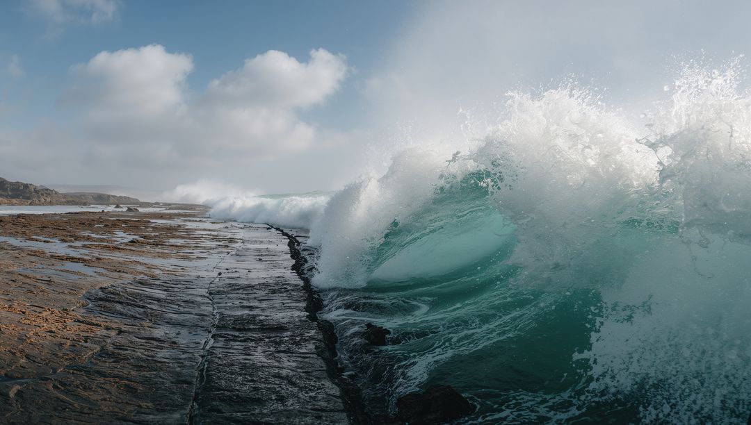 Powerful Wave Crashing on Rocky Shoreline Under Cloudy Sky