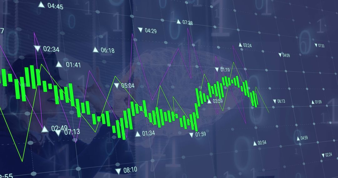 Financial Data Visualization over Brain and Woman with VR Headset