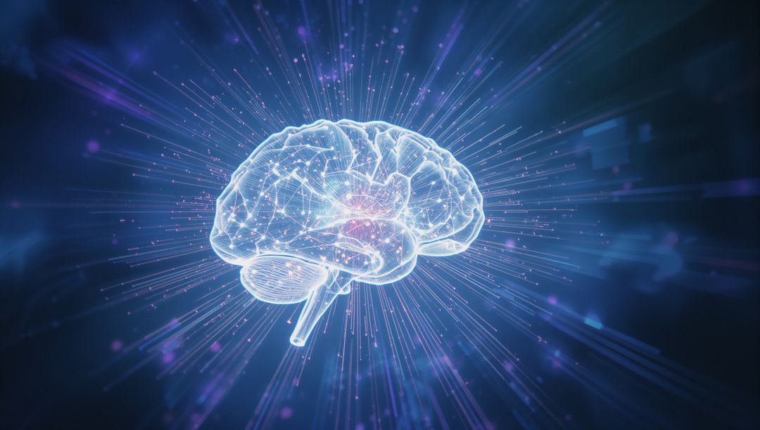 Digital Brain with Glowing Light Beams in Futuristic State
