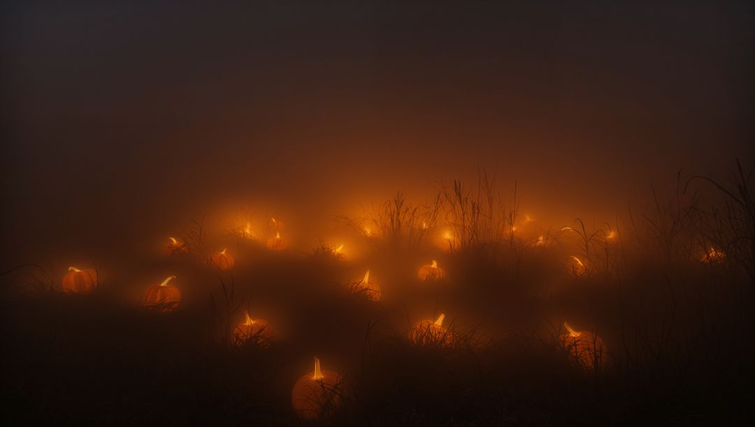 Glowing Carved Pumpkins Illuminating Misty Twilight Meadow
