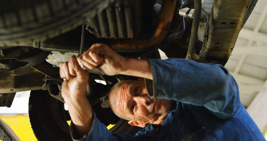 Experienced Mechanic Fixing Car Underneath Vehicle on Lift - Free Images, Stock Photos and Pictures on Pikwizard.com