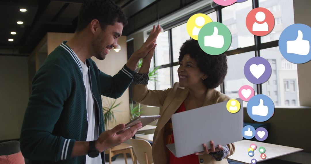 Diverse Team Celebrating Digital Success with Social Media Icons