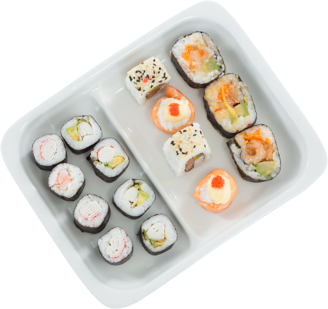 Elegant Assortment of Sushi Rolls on White Transparent Plate - Download Free Stock Images Pikwizard.com