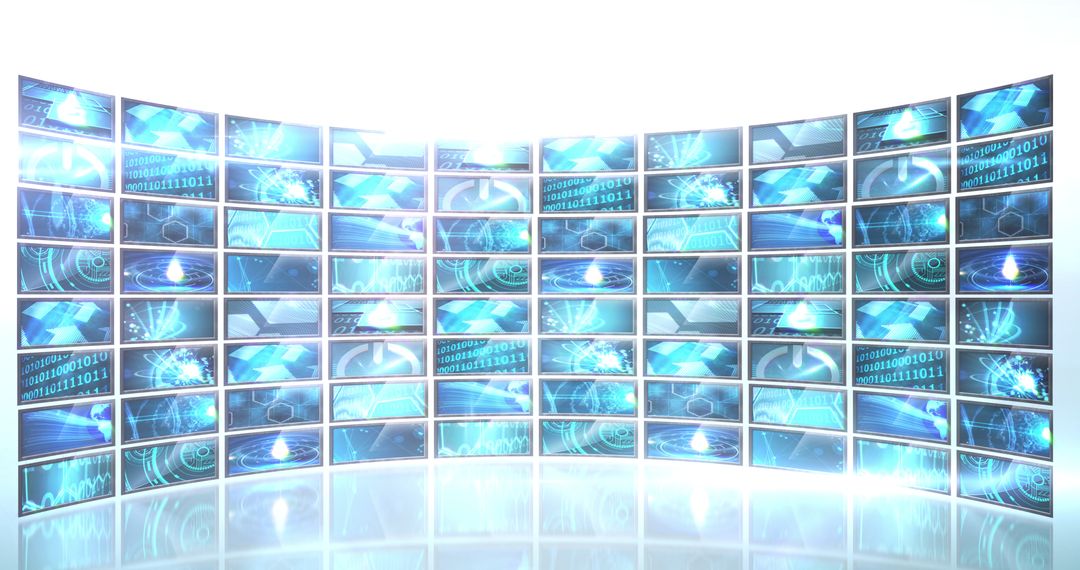 Rows of Digital Screens Displaying Data Processing Concepts