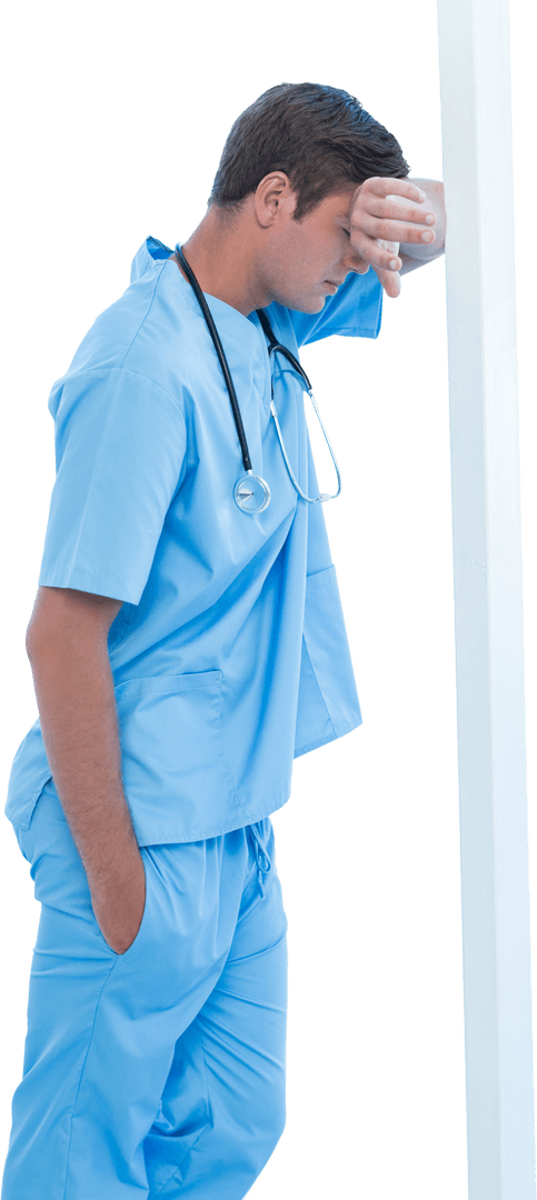 Tired Surgeon Leaning Against Transparent Pole with Stethoscope