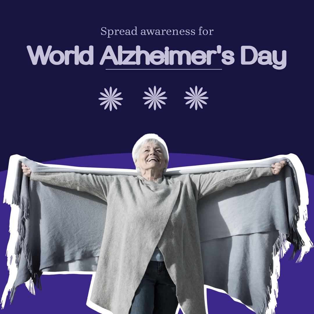 Composition of world alzheimer's day text over happy senior caucasian woman with arms wide - Download Free Stock Templates Pikwizard.com