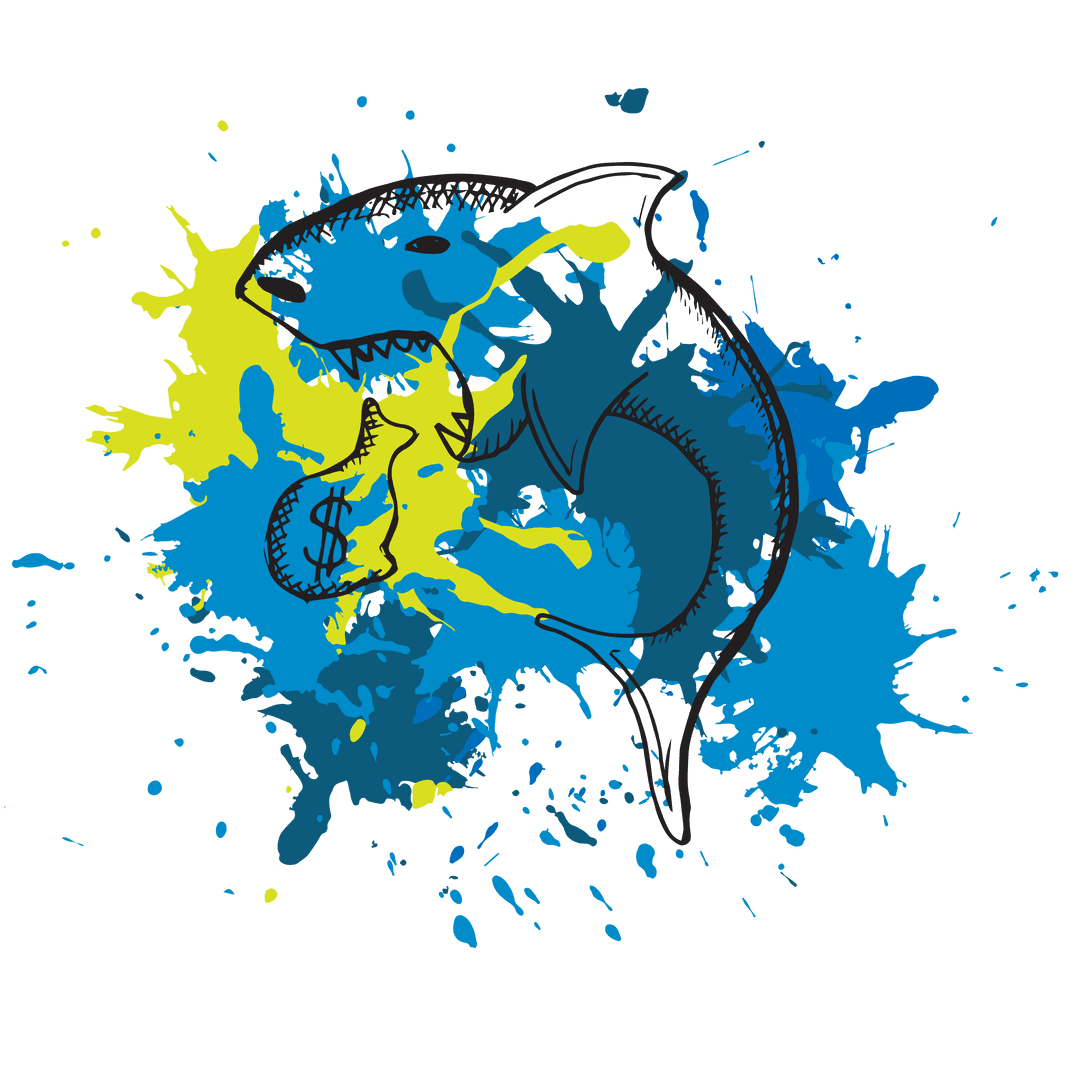 Vibrant Shark Illustration with Blue Yellow Paint Splash on Transparent Background