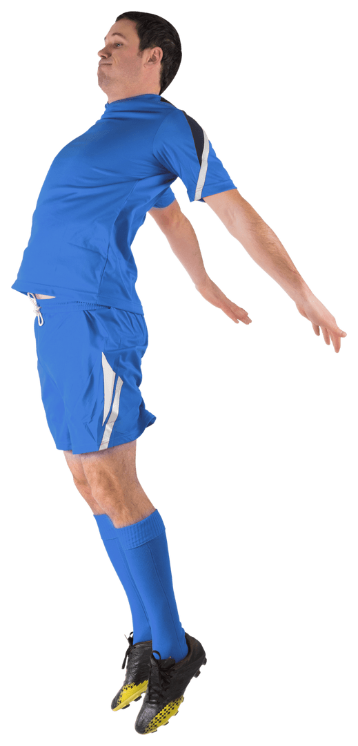 Transparent Football Player in Blue Uniform Jumping Mid-Air