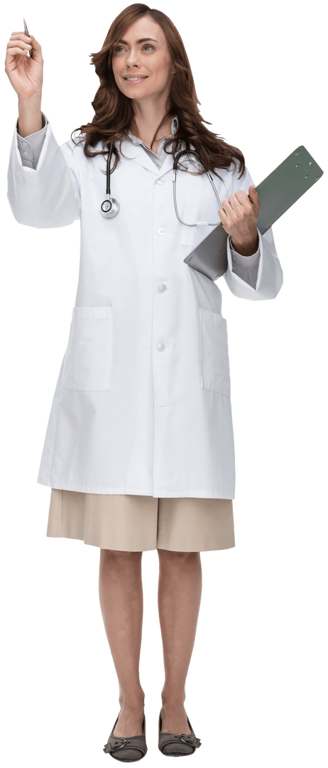 Caucasian Female Doctor Writing with Stethoscope on Transparent Background