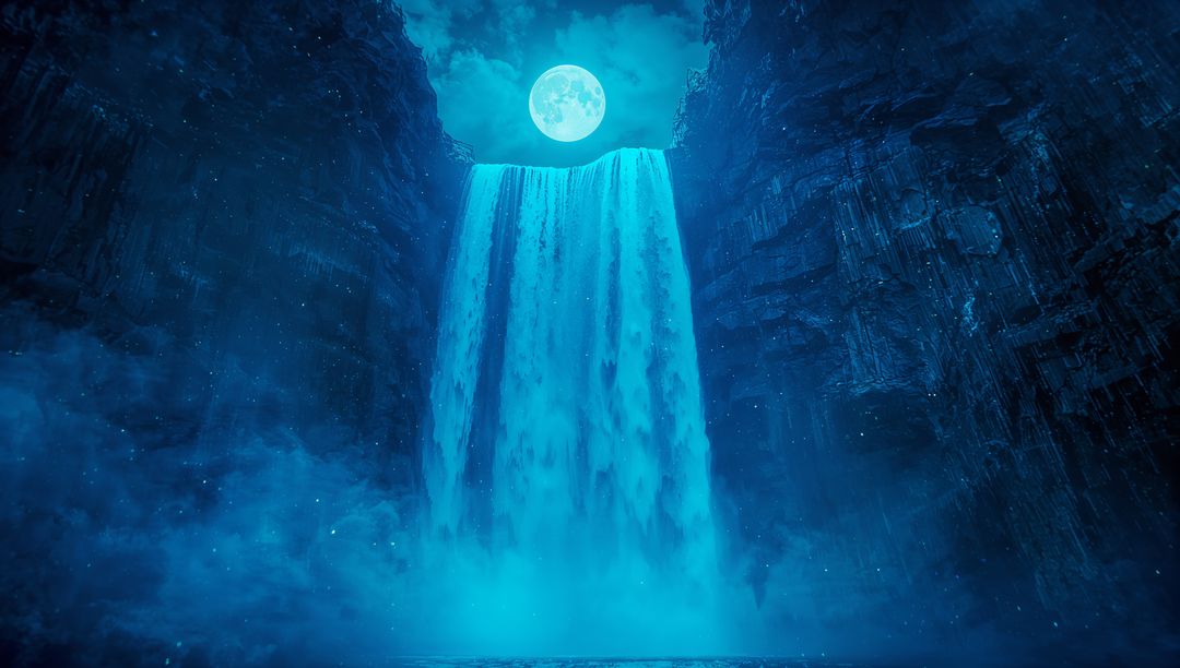 Mystical Blue Moonlit Waterfall Under Full Moon