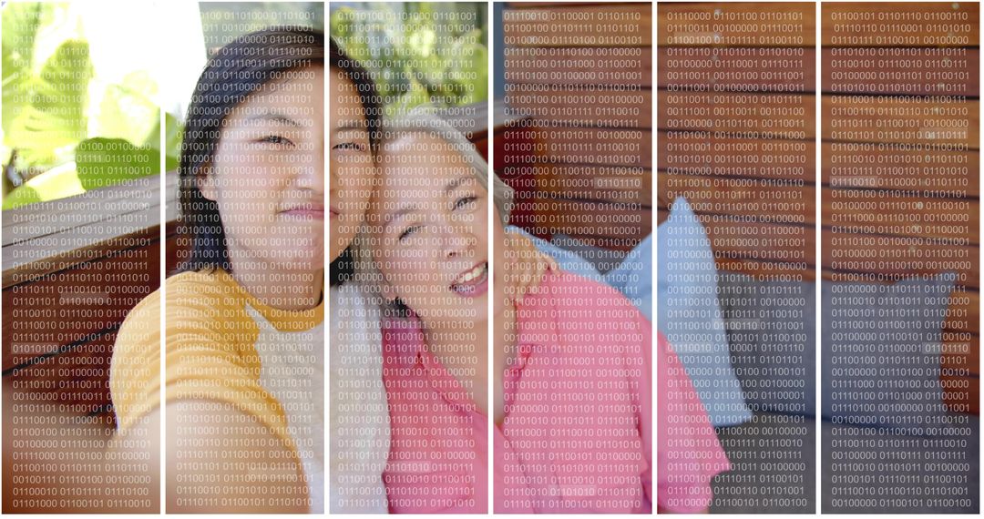 Sunlit Asian women turning in car seat with binary overlay, multi-panel portrait