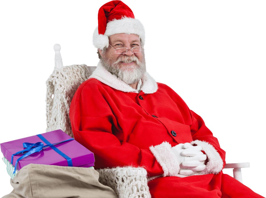 Cheerful Santa Claus with Transparent Background Relaxing with Gifts
