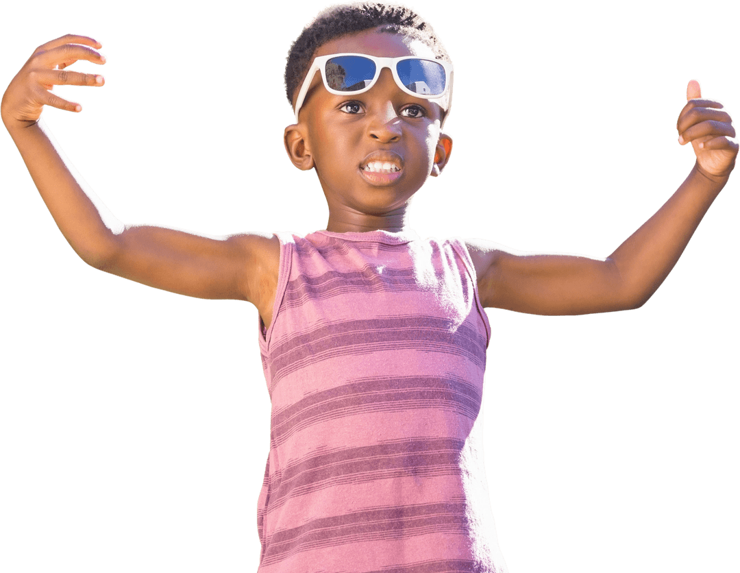 Transparent Boy Challenging Muscle Flex Expression With Sunglasses