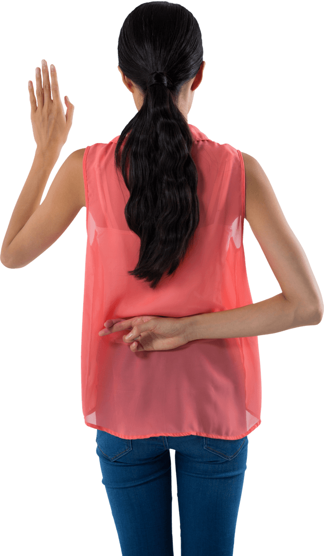 Woman in Transparent Red Top Crossing Fingers Behind Back
